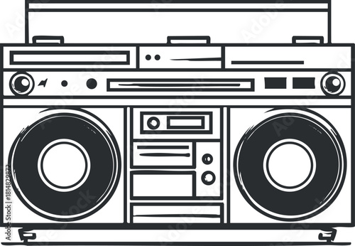 Retro boombox vector illustration in a minimalist black and white style for music and entertainment projects