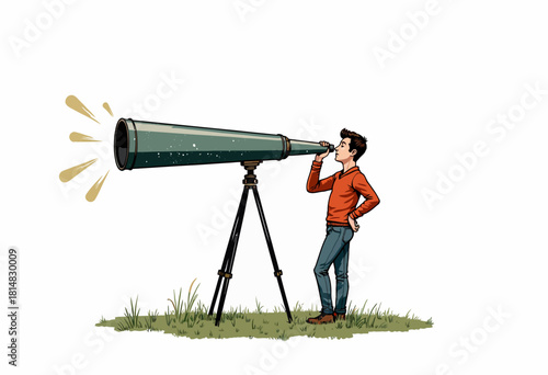 Young Man Observing the Cosmos Through a Telescope in a Field, Standing in Casual Attire with Enthusiastic Gaze Directed at the Night Sky