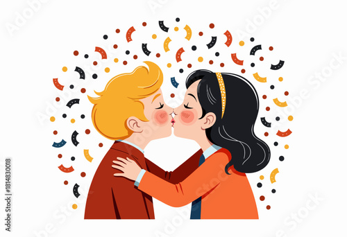Illustration of a Romantic Couple Kissing with Colorful Confetti Circling Around Them in a Celebration of Love and Affection