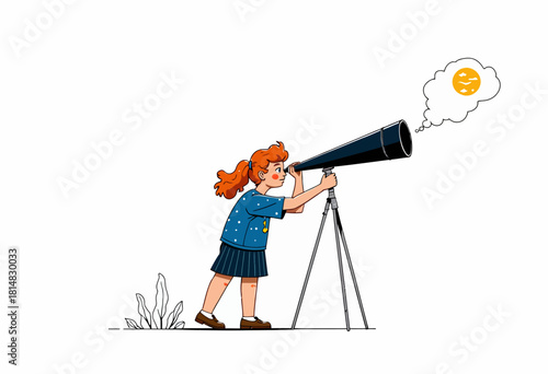 Young Girl Observing Celestial Bodies Through a Telescope with Enthusiastic Curiosity and Imagination