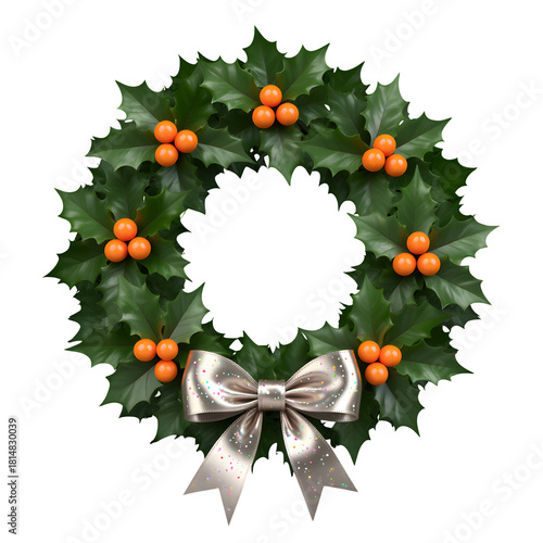 Festive Holly Wreath with Orange Berries and Sparkly Bow