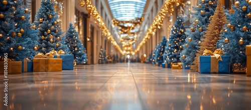 Festive Holiday Decorations With Blue Trees and Gifts in a Shopping Mall