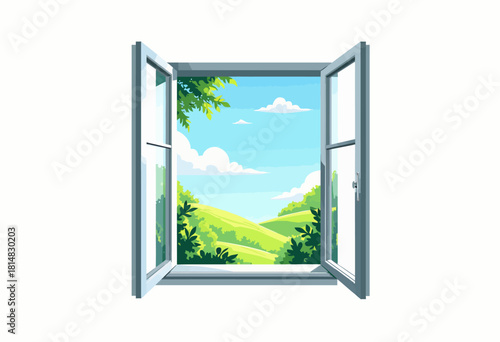 Open Window Revealing a Serene Landscape with Rolling Hills and Lush Greenery Under a Clear Blue Sky with Fluffy White Clouds