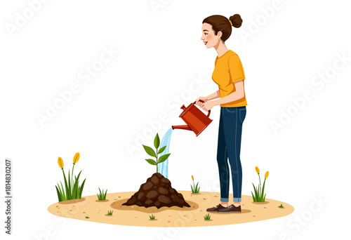 Illustration of a woman nurturing a young plant with a watering can, symbolizing care and growth in a lively garden setting with blooming flora