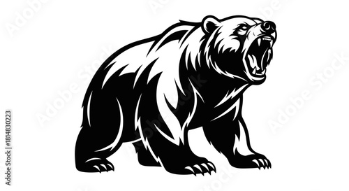 Roaring bear illustration in black and white aggressive animal.