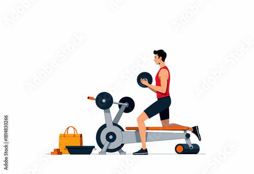 Illustration of a Male Fitness Enthusiast Performing an Exercise on a Modern Weight Bench in a Minimalist Gym Setting