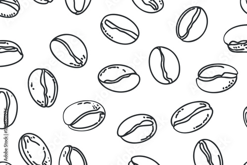 Stylized seamless pattern of hand-drawn coffee beans in a minimalist black and white design for food-related projects