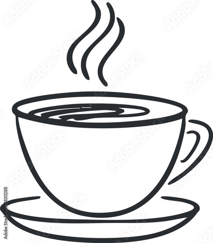 Minimalist line art vector illustration of a steaming coffee cup on a saucer, ideal for cafe branding and menu design
