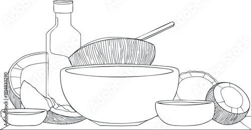 Outline vector illustration of cooking ingredients including bowls, utensils, and a bottle for culinary design projects