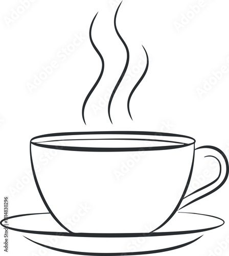 Minimalist black and white vector illustration of a steaming coffee cup on a saucer for branding and design projects