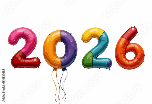 Colorful Inflatable Balloons Creating the Year 2026 with Vibrant Design and Shadows on a White Background