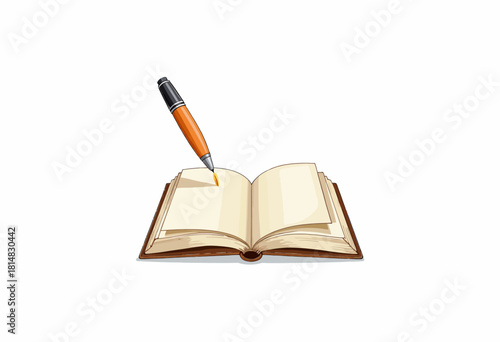 Elegant depiction of a classic wooden fountain pen poised gracefully above an open blank book, symbolizing creativity, inspiration, and the art of writing