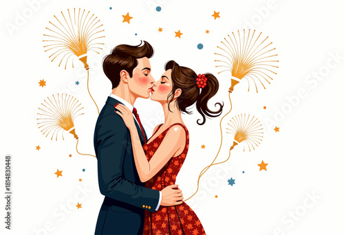 Romantic Illustration of a Couple Sharing a Tender Kiss Amidst Festive Fireworks and Stars in a Joyful Celebration of Love and Affection
