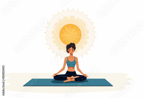 Serene Illustration of a Woman Practicing Meditation in Lotus Position on a Yoga Mat with a Radiant Sun in the Background