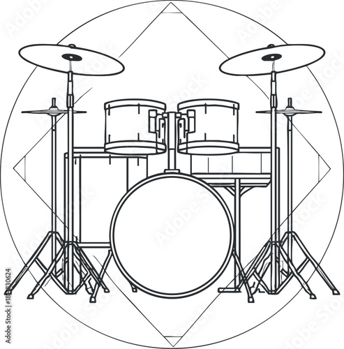 Outline vector illustration of a drum set featuring drums and cymbals in a geometric style for music-related projects