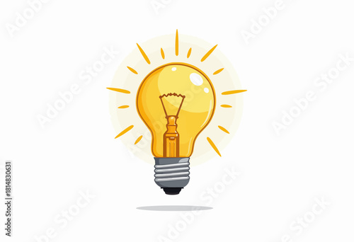 Illustration of a Bright Glowing Light Bulb Symbolizing Innovation and Creative Ideas with Yellow Rays Emanating on a White Background