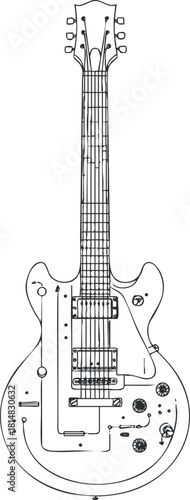 Outline vector illustration of an electric guitar with detailed components, suitable for music-themed designs and branding.