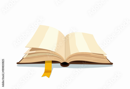 Illustration of an Open Book with Cream Pages and a Yellow Ribbon Bookmark on a White Background Signifying Knowledge and Literature