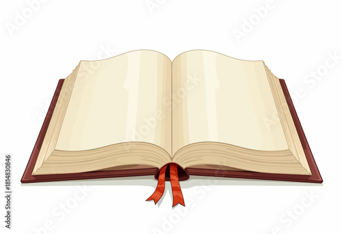Open Book with Blank Pages and Red Ribbon Bookmarks on Blank White Background Perfect for Customization
