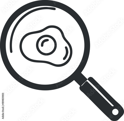 Flat black and white vector illustration of a magnifying glass focusing on an egg, ideal for food-related designs and culinary projects