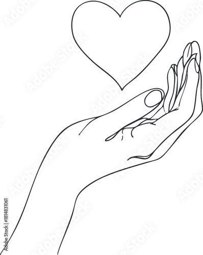 Minimalist line art vector illustration of a hand holding a heart, symbolizing love and care for wellness and connection