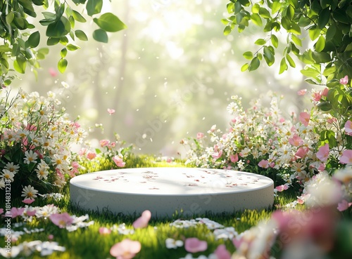 Circular Platform Surrounded by Blooming Flowers in a Serene Spring Garden