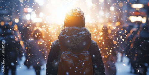 Winter Scene With a Person in Snow on a Busy Street During Evening Rush Hour ...