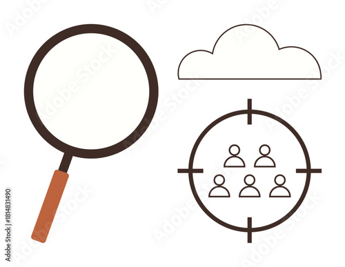 Magnifying glass, cloud, and group in crosshair as representation of data search, targeting, and focus. Ideal for analytics, marketing, research, strategy analysis detection simple flat metaphor