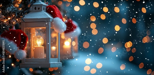 Festive Lanterns Decorated With Santa Hats Illuminate a Snowy Evening