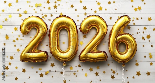 Celebrate the Arrival of the New Year 2026 With Golden Balloons and Festive D...