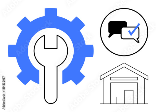 Gear and wrench for repair, chat bubbles with checkmark for communication, warehouse with boxes. Ideal for maintenance, logistics, service support, teamwork, planning, operations collaboration