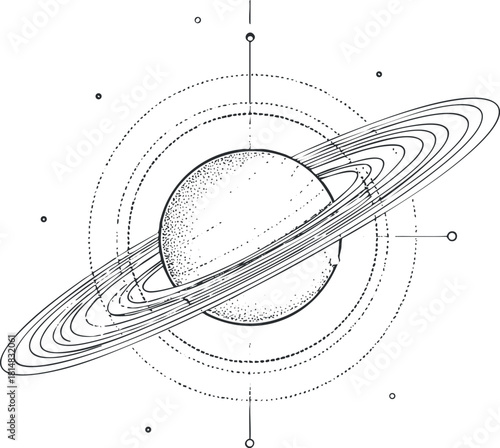 Geometric black and white vector illustration of Saturn with rings, ideal for space-themed design projects and educational materials