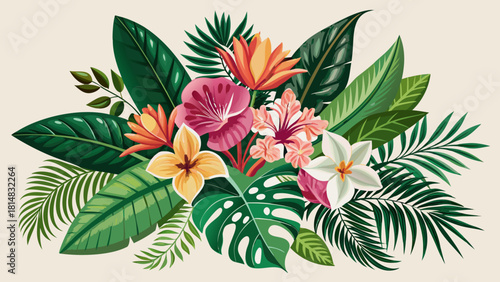 Very beautiful set of tropical leaves and exotic flowers, featuring palm and banana leaves paired with hibiscus, plumeria, and bird-of-paradise blooms, arranged into elegant vector flat bouquets perfe