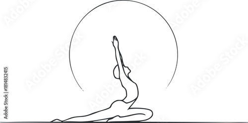Elegant minimalist line art illustration of a yoga pose with a circular backdrop, ideal for wellness and fitness branding