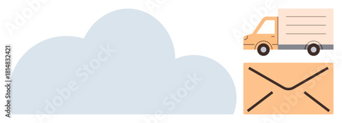 Cloud service visualized with a gray cloud, an envelope for messaging, and a delivery truck for transport. Ideal for communication, storage, logistics, digital solutions, email, networking simple