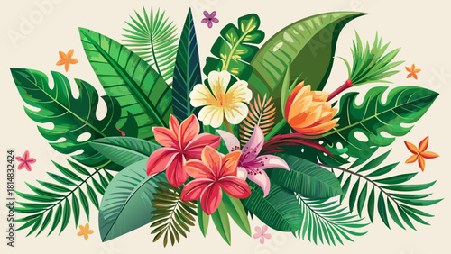 Very beautiful set of tropical leaves and exotic flowers, featuring palm and banana leaves paired with hibiscus, plumeria, and bird-of-paradise blooms, arranged into elegant vector flat bouquets perfe