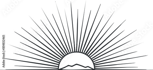 Minimalist black and white vector illustration of a sunrise with rays and mountains, ideal for nature-themed designs.