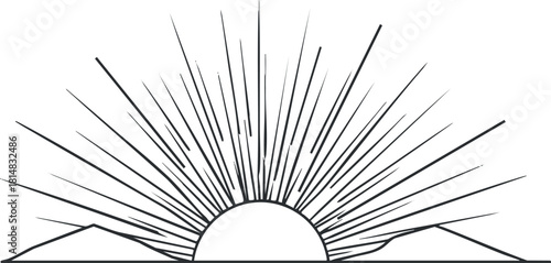 Minimalist outline vector illustration of a rising sun with rays behind mountains, ideal for nature-themed designs.