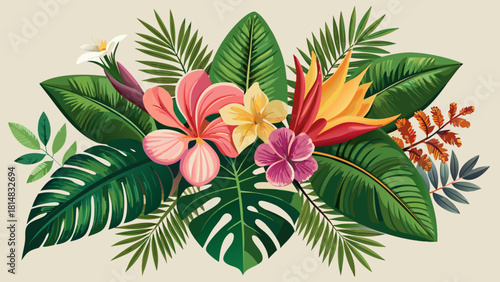 Very beautiful set of tropical leaves and exotic flowers, featuring palm and banana leaves paired with hibiscus, plumeria, and bird-of-paradise blooms, arranged into elegant vector flat bouquets perfe
