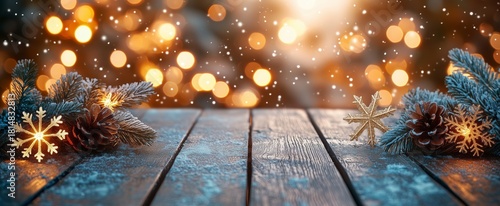 Cozy Winter Scene With Glowing Lights and Snowflakes on a Wooden Table