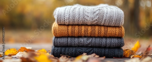 Warm and Cozy Wool Sweaters Stacked in a Fall Setting With Colorful Leaves