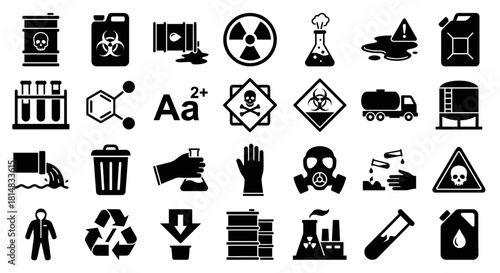 Icon set of hazard symbols and safety signs in black and white style