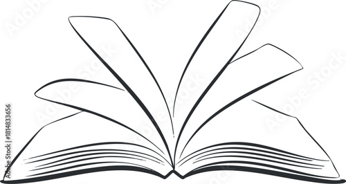 Outline vector illustration of an open book with pages fanned out, ideal for educational and literary designs