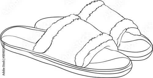 Outline vector illustration of cozy slippers featuring a soft fur design, perfect for home wear and relaxation