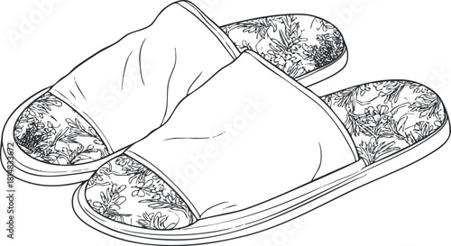 Outline vector illustration of stylish floral print slippers, perfect for home and relaxation design projects