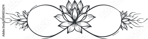 Elegant black and white vector illustration of a decorative floral ornament featuring a lotus flower and swirling lines for design projects.