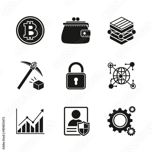 Icon set featuring cryptocurrency symbols and financial concepts in black