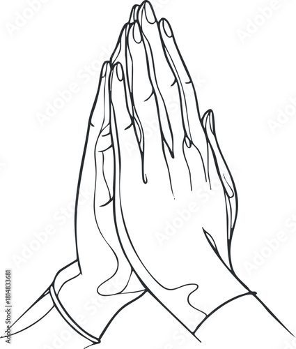 Outline vector illustration of hands in a prayer position, symbolizing spirituality and devotion for religious and wellness contexts