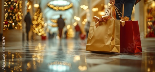 Holiday Shopping Scene With Festive Decorations and Wrapped Gifts in a Mall