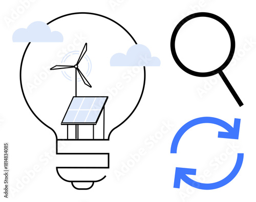 Light bulb holding wind turbine, solar panel, clouds magnifier for analysis recycling arrows for sustainability. Ideal for renewable energy, innovation, sustainability, eco-solutions, technology